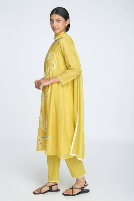 Shop_Sinjhar_Yellow Chanderi, Cotton Embroidery V-neck Kurta Set _Online_at_Aza_Fashions