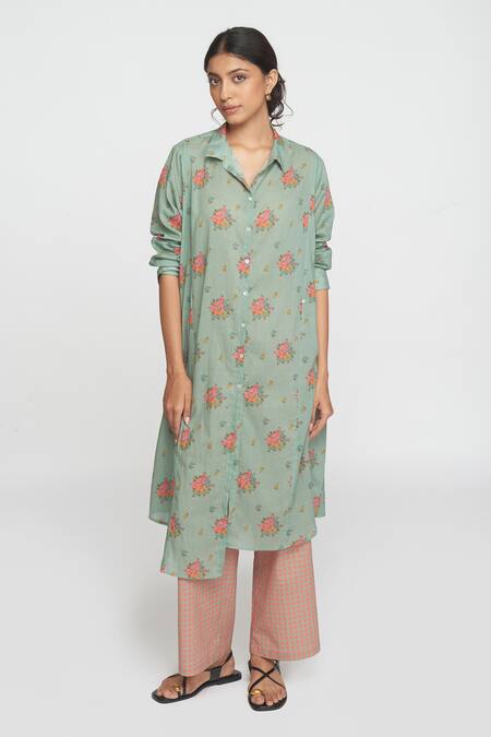 Shop Sinjhar Teal Cotton Collared Dull Printed Kurta And Pant Set Online at Aza Fashions Shop_Sinjhar_Teal Cotton Collared Dull Printed Kurta And Pant Set _Online_at_Aza_Fashions