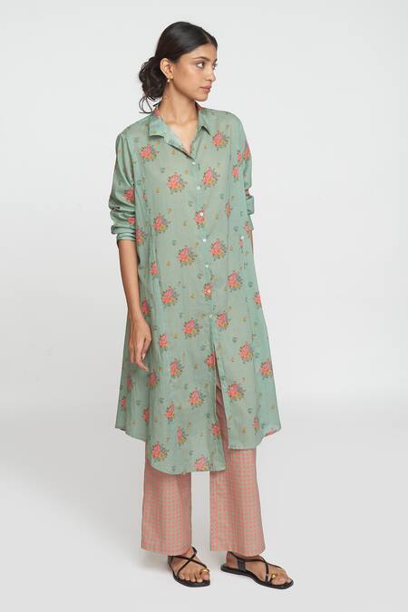 Sinjhar Teal Cotton Collared Dull Printed Kurta And Pant Set at Aza Fashions Sinjhar_Teal Cotton Collared Dull Printed Kurta And Pant Set _at_Aza_Fashions