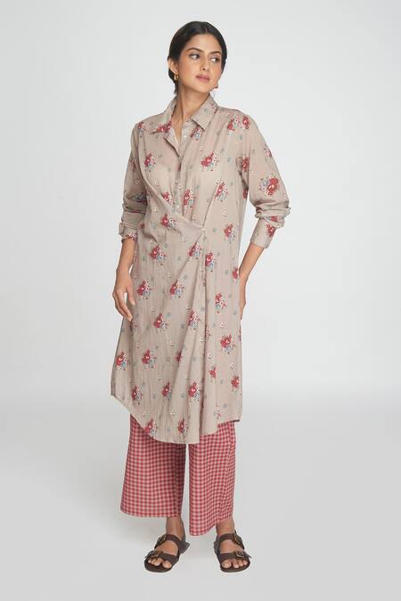 Sinjhar_Beige Cotton Collared Floral Printed Kurta Set _Online_at_Aza_Fashions