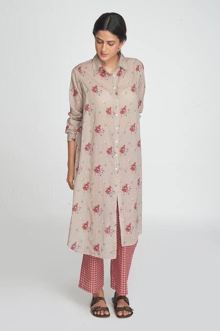 Shop_Sinjhar_Beige Cotton Collared Floral Printed Kurta Set _Online_at_Aza_Fashions