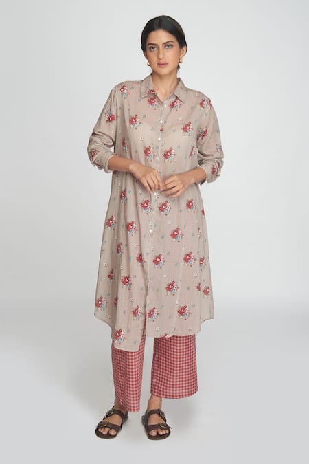 Sinjhar Beige Cotton Collared Floral Printed Kurta Set 
