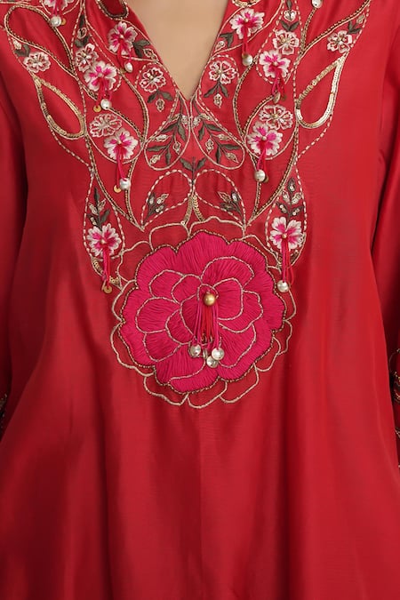 Buy Siyona By Ankurita Red Chanderi, Net Embroidery Split V-neck Kurta Set Buy_Siyona By Ankurita_Red Chanderi, Net Embroidery Split V-neck Kurta Set