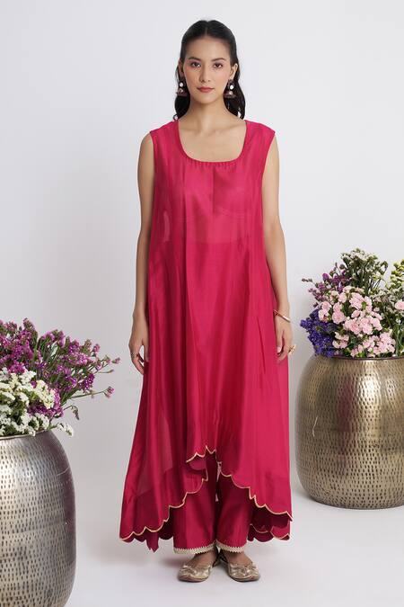 Buy_Siyona By Ankurita_Pink Chanderi, Organza Beads, Embroidery Round Nakshi Double-layered Kurta Set _Online_at_Aza_Fashions