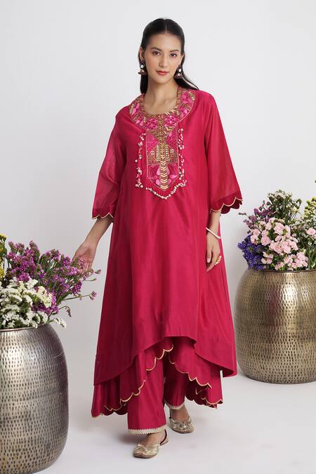 Shop_Siyona By Ankurita_Pink Chanderi, Organza Beads, Embroidery Round Nakshi Double-layered Kurta Set _Online_at_Aza_Fashions