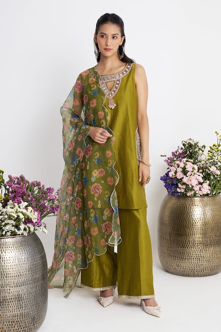 Siyona by Ankurita Green Chanderi, Organza Mirrors, Embroidery Round Neck Jharokha Kurta Set 