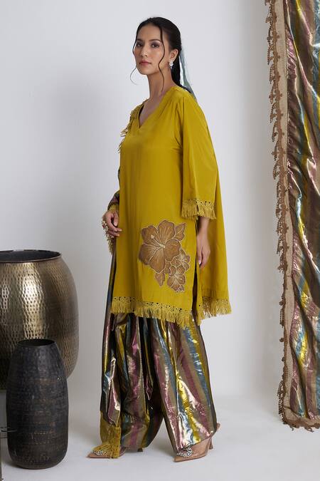 Buy Siyona By Ankurita Mustard Viscose, Crepe, Cotton Embroidery V-neck Farshi Set Online at Aza Fashions Buy_Siyona By Ankurita_Mustard Viscose, Crepe, Cotton Embroidery V-neck Farshi Set _Online_at_Aza_Fashions