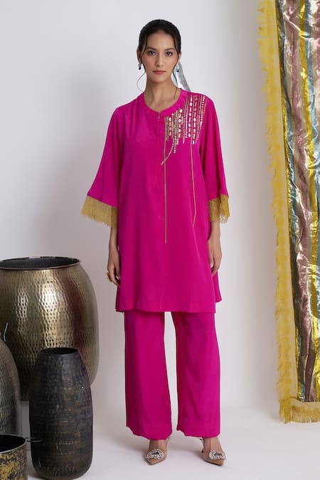 Siyona by Ankurita Pink Viscose, Crepe Sequins, Embroidery Round Neck Mirchi Mini Set 