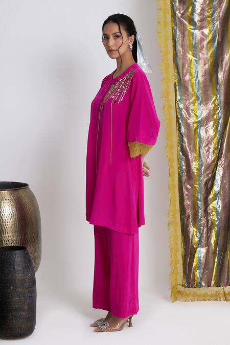 Buy Siyona By Ankurita Pink Viscose, Crepe Sequins, Embroidery Round Neck Mirchi Mini Set Online at Aza Fashions Buy_Siyona By Ankurita_Pink Viscose, Crepe Sequins, Embroidery Round Neck Mirchi Mini Set _Online_at_Aza_Fashions