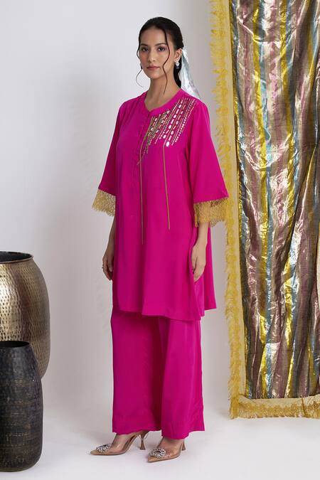 Shop Siyona By Ankurita Pink Viscose, Crepe Sequins, Embroidery Round Neck Mirchi Mini Set Online at Aza Fashions Shop_Siyona By Ankurita_Pink Viscose, Crepe Sequins, Embroidery Round Neck Mirchi Mini Set _Online_at_Aza_Fashions
