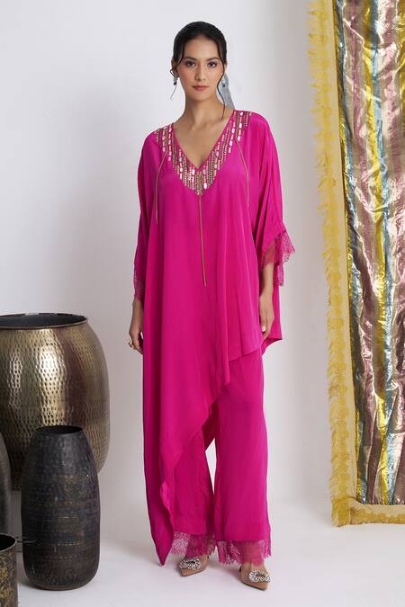 Siyona By Ankurita Pink Viscose, Crepe Beads V-neck Gulabo Rani Kurta And Pant Set Online at Aza Fashions Siyona By Ankurita_Pink Viscose, Crepe Beads V-neck Gulabo Rani Kurta And Pant Set _Online_at_Aza_Fashions