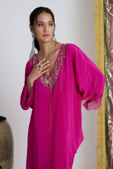 Shop Siyona By Ankurita Pink Viscose, Crepe Beads V-neck Gulabo Rani Kurta And Pant Set Online at Aza Fashions Shop_Siyona By Ankurita_Pink Viscose, Crepe Beads V-neck Gulabo Rani Kurta And Pant Set _Online_at_Aza_Fashions