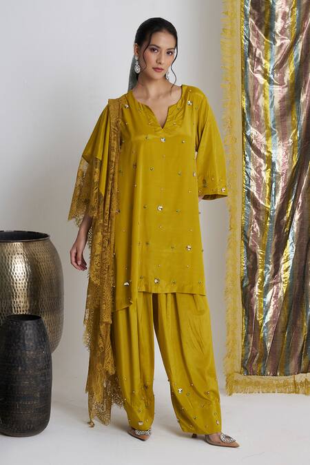 Shop_Siyona By Ankurita_Mustard Viscose, Crepe Stones, Sequins V-neck Sarson Softy Farshi Set _Online_at_Aza_Fashions