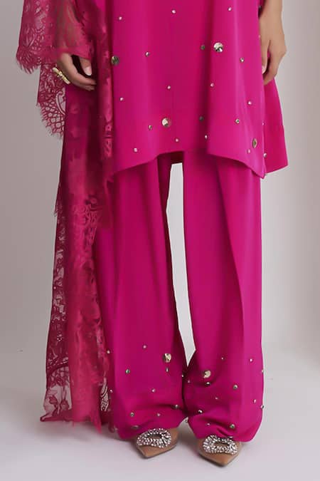 Siyona By Ankurita_Pink Viscose, Crepe Sequins V-neck Gulabo Softy Farshi Set _Online_at_Aza_Fashions