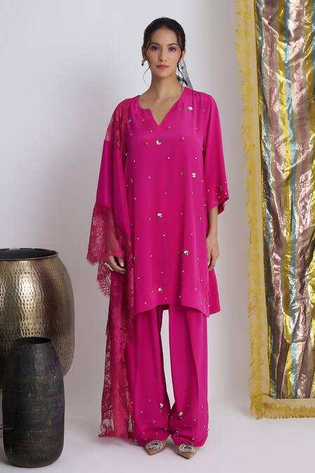 Shop_Siyona By Ankurita_Pink Viscose, Crepe Sequins V-neck Gulabo Softy Farshi Set _Online_at_Aza_Fashions