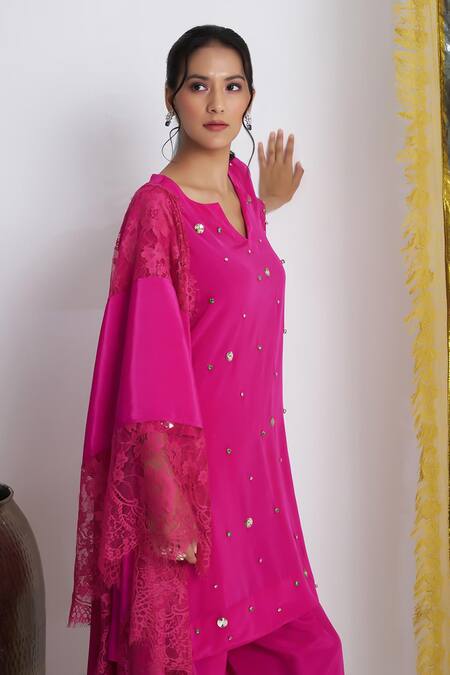 Siyona By Ankurita_Pink Viscose, Crepe Sequins V-neck Gulabo Softy Farshi Set _at_Aza_Fashions