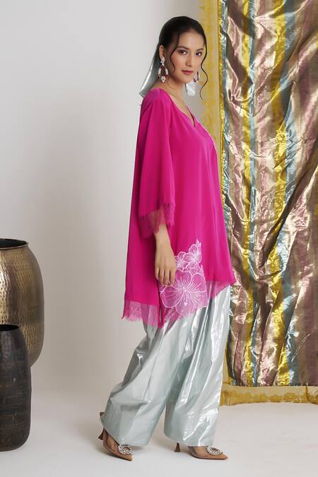 Shop Siyona By Ankurita Pink Viscose Lace, Embroidery V-neck Gulabo Groove Farshi Set Online at Aza Fashions Shop_Siyona By Ankurita_Pink Viscose Lace, Embroidery V-neck Gulabo Groove Farshi Set _Online_at_Aza_Fashions