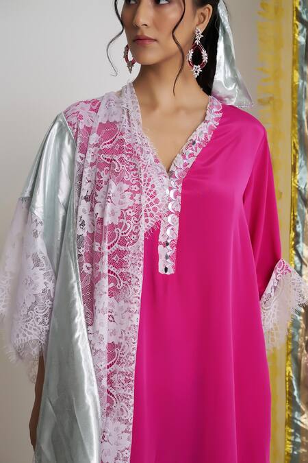 Shop_Siyona By Ankurita_Pink Viscose, Crepe Lace, Embroidery V-neck Gulabo Sitara Farshi Set _Online_at_Aza_Fashions