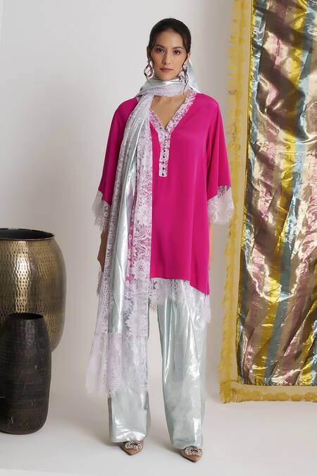 Siyona By Ankurita_Pink Viscose, Crepe Lace, Embroidery V-neck Gulabo Sitara Farshi Set _at_Aza_Fashions