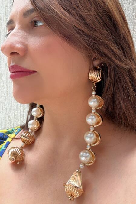 Studio6 Jewels_Gold Plated Pearls Long Dangler Earrings _Online_at_Aza_Fashions
