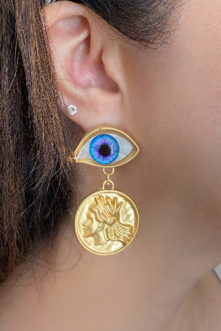 Studio6 Jewels_Gold Plated Eye Motif Dangle Earrings_Online_at_Aza_Fashions