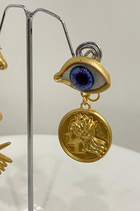 Shop_Studio6 Jewels_Gold Plated Eye Motif Dangle Earrings_Online_at_Aza_Fashions