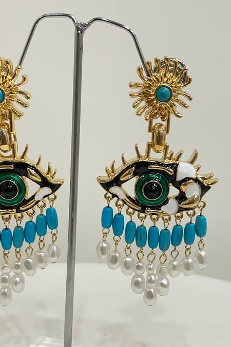 Studio6 Jewels_Blue Pearls Gold Finish Eye Danglers_Online_at_Aza_Fashions