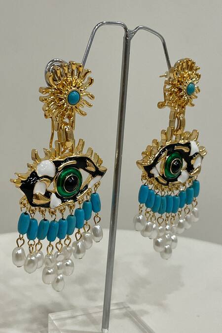 Buy_Studio6 Jewels_Blue Pearls Gold Finish Eye Danglers_Online_at_Aza_Fashions