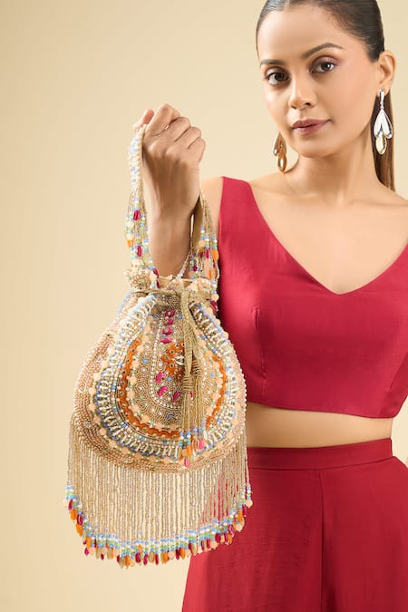 Tasna Multi Color Beads, Tassels Embellished Potli Handbag 