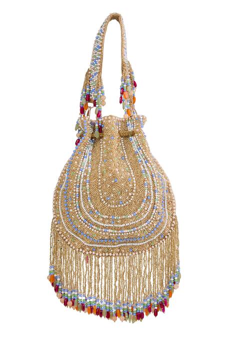 Buy_Tasna_Multi Color Beads, Tassels Embellished Potli Handbag _Online_at_Aza_Fashions