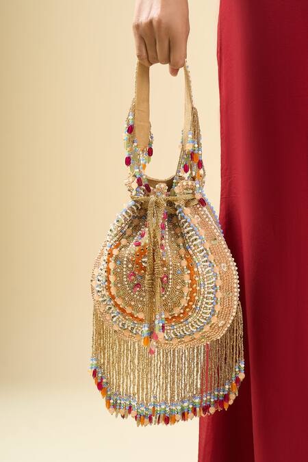 Shop_Tasna_Multi Color Beads, Tassels Embellished Potli Handbag _Online_at_Aza_Fashions
