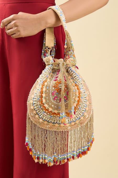 Tasna_Multi Color Beads, Tassels Embellished Potli Handbag _at_Aza_Fashions