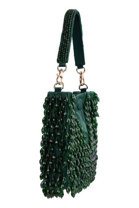 Tasna_Green Beads Handbag With Detachable Handle _Online_at_Aza_Fashions