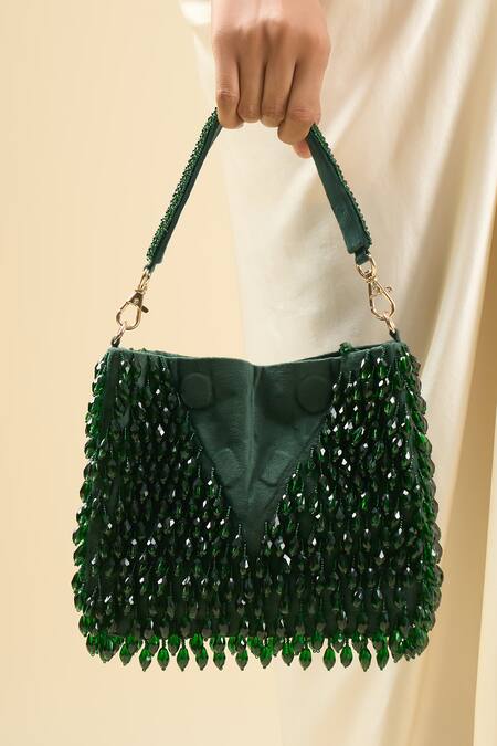 Buy_Tasna_Green Beads Handbag With Detachable Handle _Online_at_Aza_Fashions
