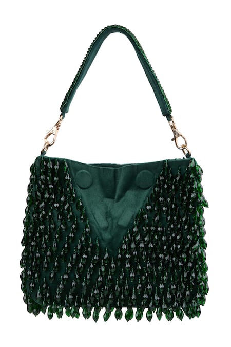 Tasna Green Beaded Handbag With Detachable Handle 