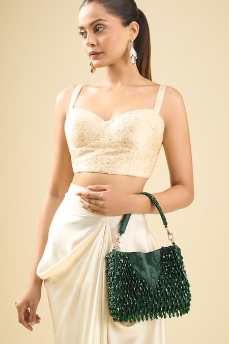 Tasna Green Beads Handbag With Detachable Handle 