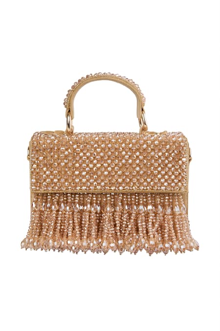 Tasna Gold Beaded Clutch with Fringe 