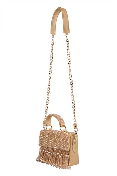 Tasna_Gold Beads, Fringe Beaded Clutch With _Online_at_Aza_Fashions