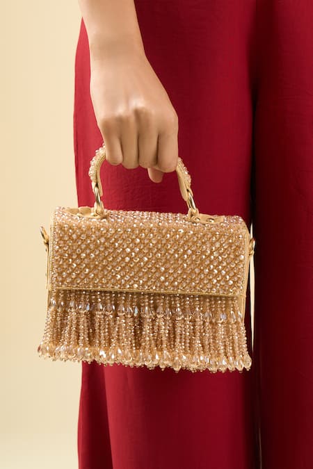 Tasna Gold Beads, Fringe Beaded Clutch With 