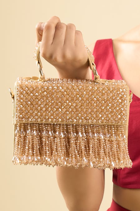 Shop_Tasna_Gold Beads, Fringe Beaded Clutch With _Online_at_Aza_Fashions