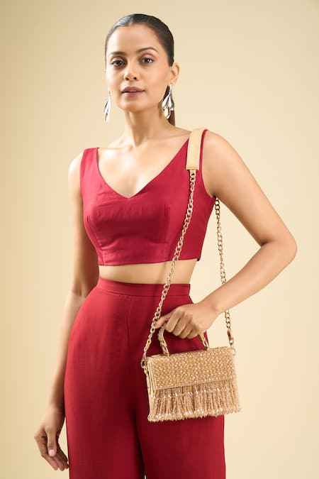 Tasna_Gold Beads, Fringe Beaded Clutch With _at_Aza_Fashions