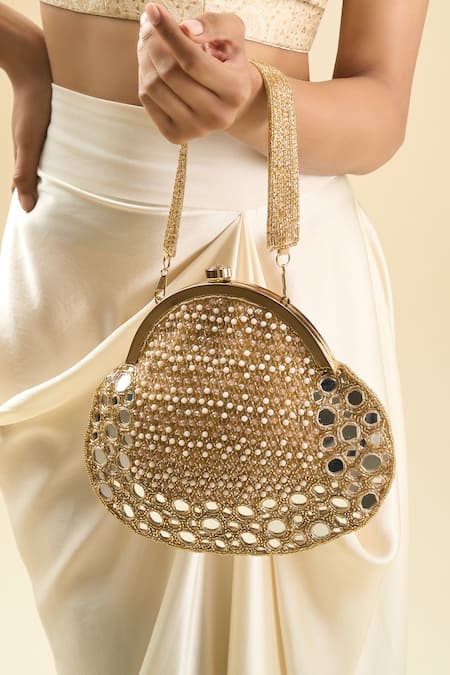 Buy Tasna Gold Sequins, Mirrors Embellished Clutch With Detachable Handle Online at Aza Fashions Buy_Tasna_Gold Sequins, Mirrors Embellished Clutch With Detachable Handle _Online_at_Aza_Fashions