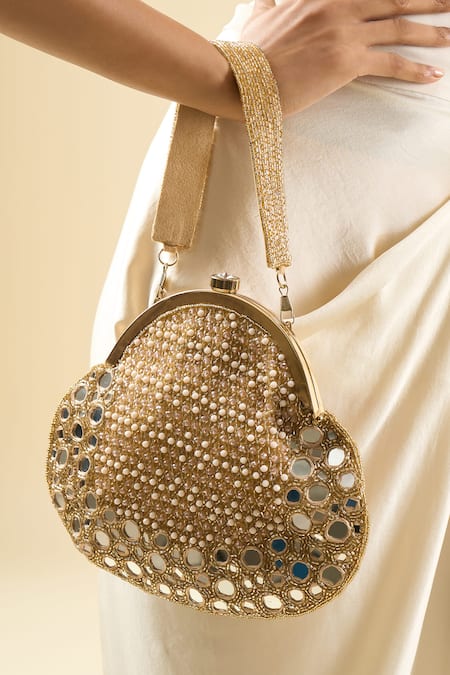 Shop Tasna Gold Sequins, Mirrors Embellished Clutch With Detachable Handle Online at Aza Fashions Shop_Tasna_Gold Sequins, Mirrors Embellished Clutch With Detachable Handle _Online_at_Aza_Fashions