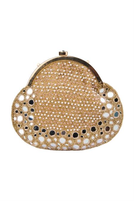 Tasna Gold Sequins, Mirrors Embellished Clutch With Detachable Handle at Aza Fashions Tasna_Gold Sequins, Mirrors Embellished Clutch With Detachable Handle _at_Aza_Fashions