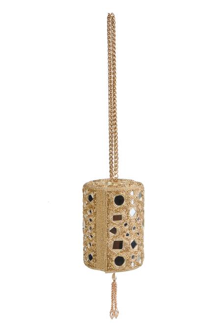 Tasna_Gold Beads, Mirrors Suede Embellished Clutch_Online_at_Aza_Fashions