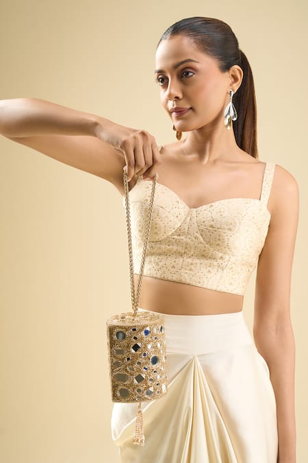 Tasna Gold Beads, Mirrors Suede Embellished Clutch 