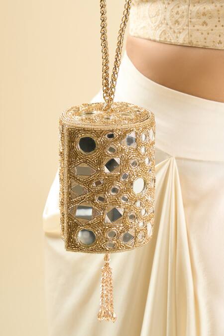 Tasna_Gold Beads, Mirrors Suede Embellished Clutch_at_Aza_Fashions
