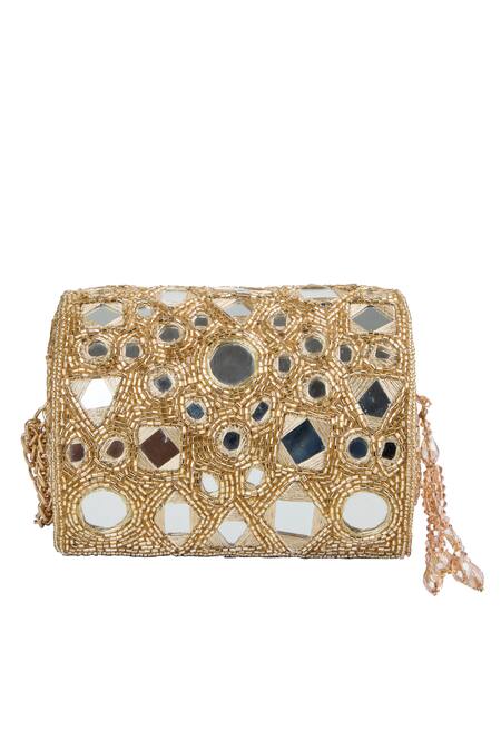 Buy_Tasna_Gold Beads, Mirrors Suede Embellished Clutch