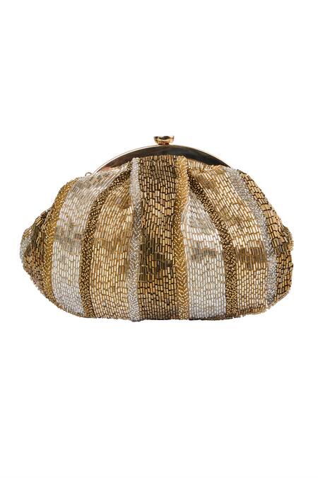 Tasna_Gold And Silver Striped Clutch _at_Aza_Fashions