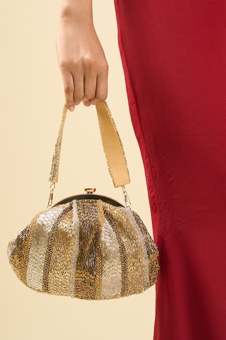 Buy_Tasna_Gold And Silver Striped Clutch 